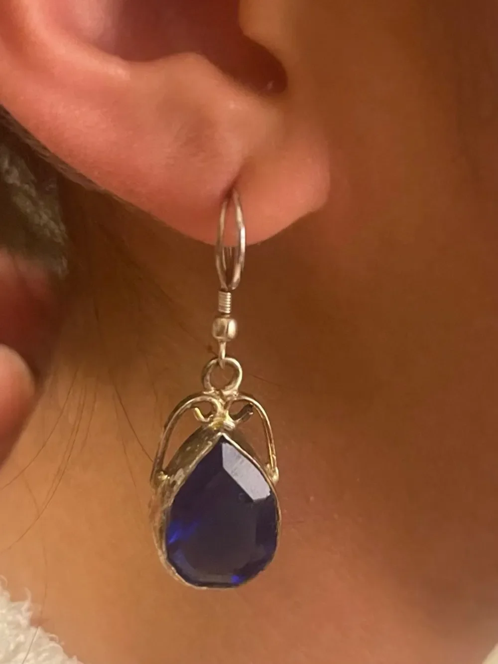 Silver Teardrop Blue Crystal Dangle Earrings